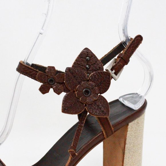 PRADA #41545-R Brown Leather Flower Heeled Sandals (US 6 EU 36) - Picture 4 of 9